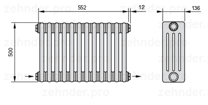 Схема (чертеж) Радиатор Zehnder Charleston 4050/12 №2670 Белый глянцевый RAL 9016
